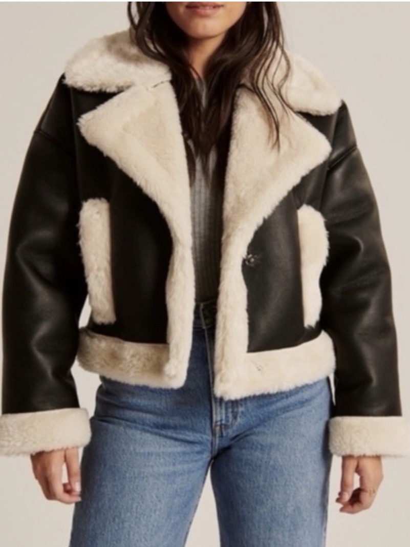 Abercrombie & Fitch Black Faux Leather Sherpa-Lined Aviator Jacket Woman’s Xs